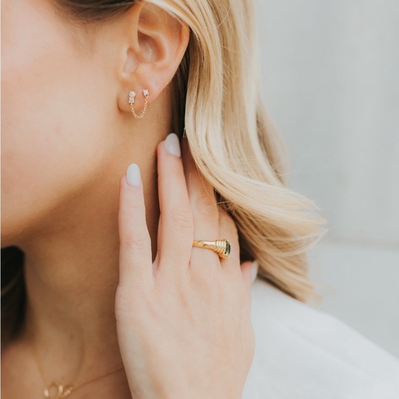 Julia Double Studs Elegant Gold Chain Earrings - Picture 5 of 5